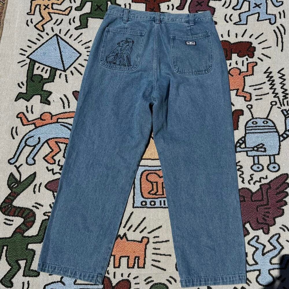 Obey double knee lightwash baggy jeans with embroidery size 30